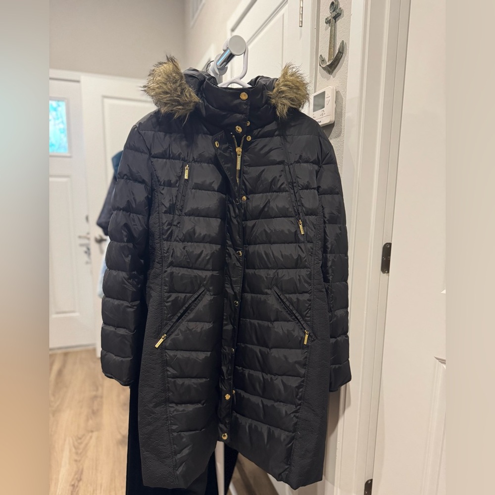 Michael Kors Black Puffer Jacket with Faux Fur Trim